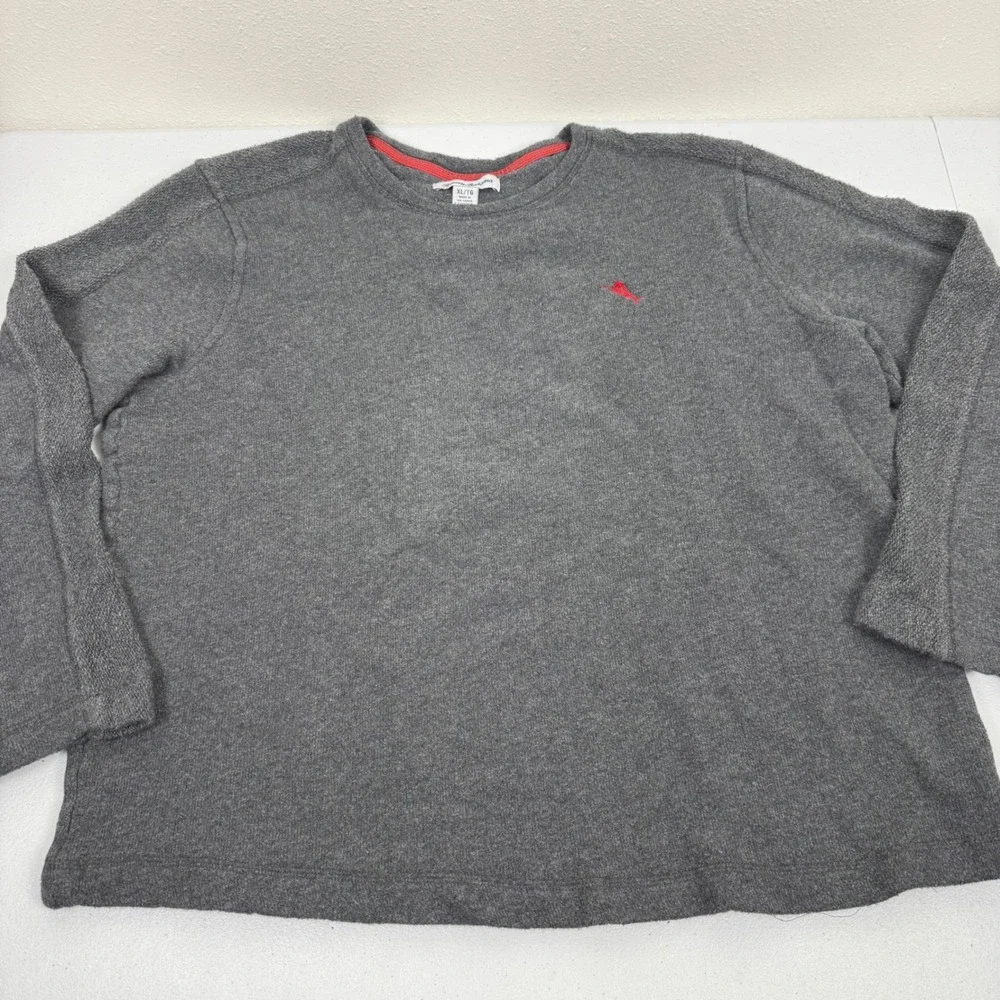 Tommy Bahama Mens XL Gray Textured Knit Long Sleeve Crewneck Sweater Marlin Logo